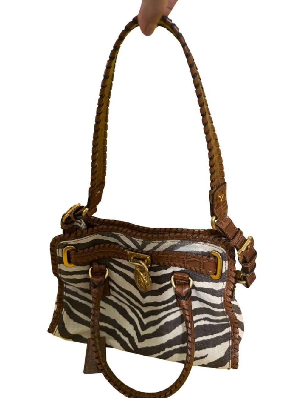 Michael Kors Hamilton Whipped Zebra Canvas Satchel Brown Leather Shoulder Bag - Picture 11 of 13